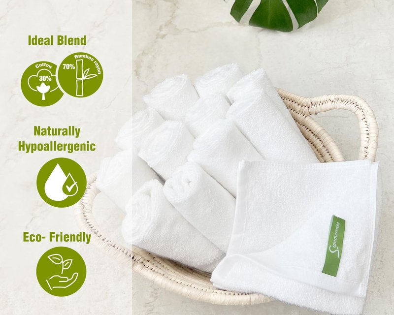SUMMERMIA 12 Pack Washcloths 13" x 13" - Soft Wash Cloths for Your Face Towel, Viscose derived from Bamboo & Cotton Blend Wash Cloths for Your Body (White)