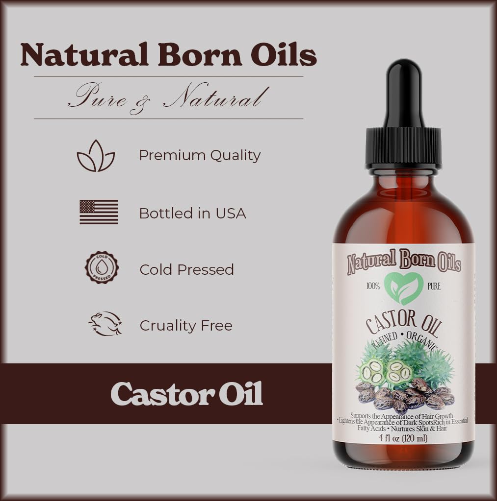 Natural Born Oils Castor Oil, 16oz, Organic, Cold-Pressed, Nutrient-Rich, Deep Skin Nourishment, Hair Strengthening