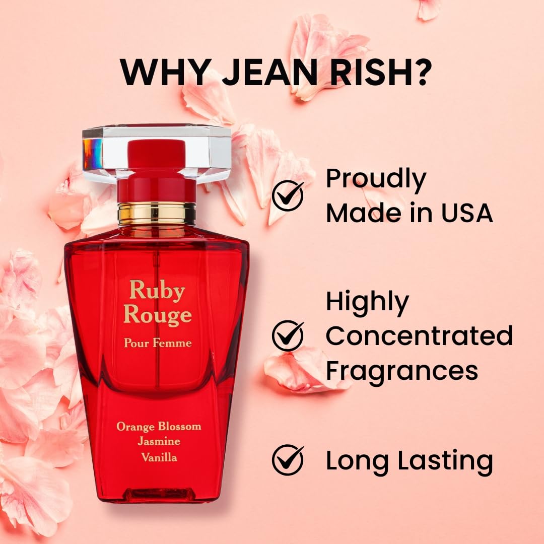 Jean Rish Ruby Rouge Perfume for Women Eau De Parfum, Long-Lasting Luxury Fragrance, Made In USA - Bergamot, Jasmine, Vanilla, Sandalwood Scent - 100ml / 3.4 oz