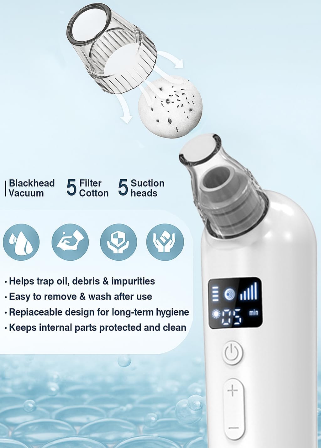 Blackhead Remover Vacuum - Rechargeable Pore Cleaner with Heat & Red Light | 5 Suction Levels, LED Display, 6 Probes & Bonus Extractor Tools