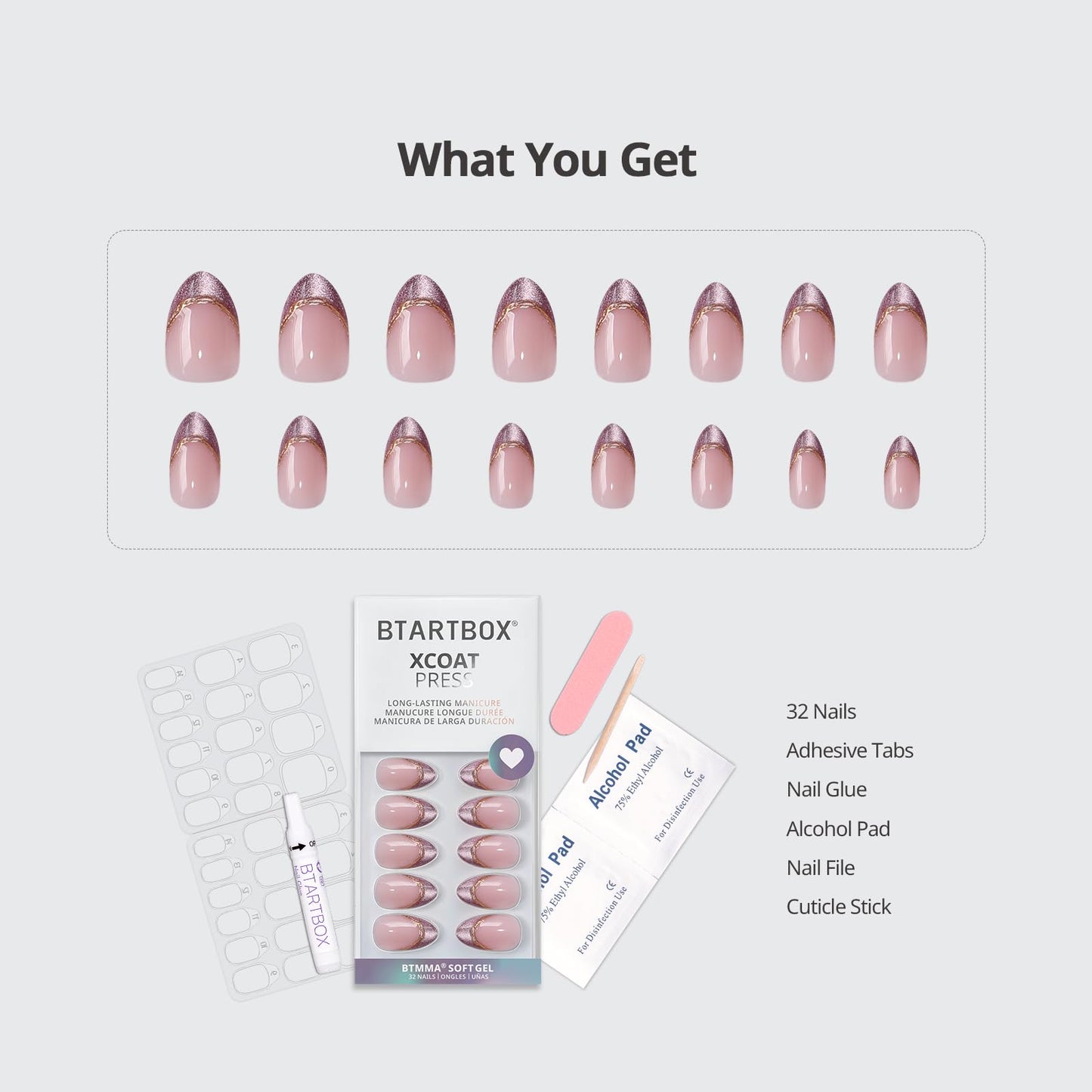 BTArtbox Press On Nails, Pink Aurora, Short Almond, Purple French Tip, 32Ct