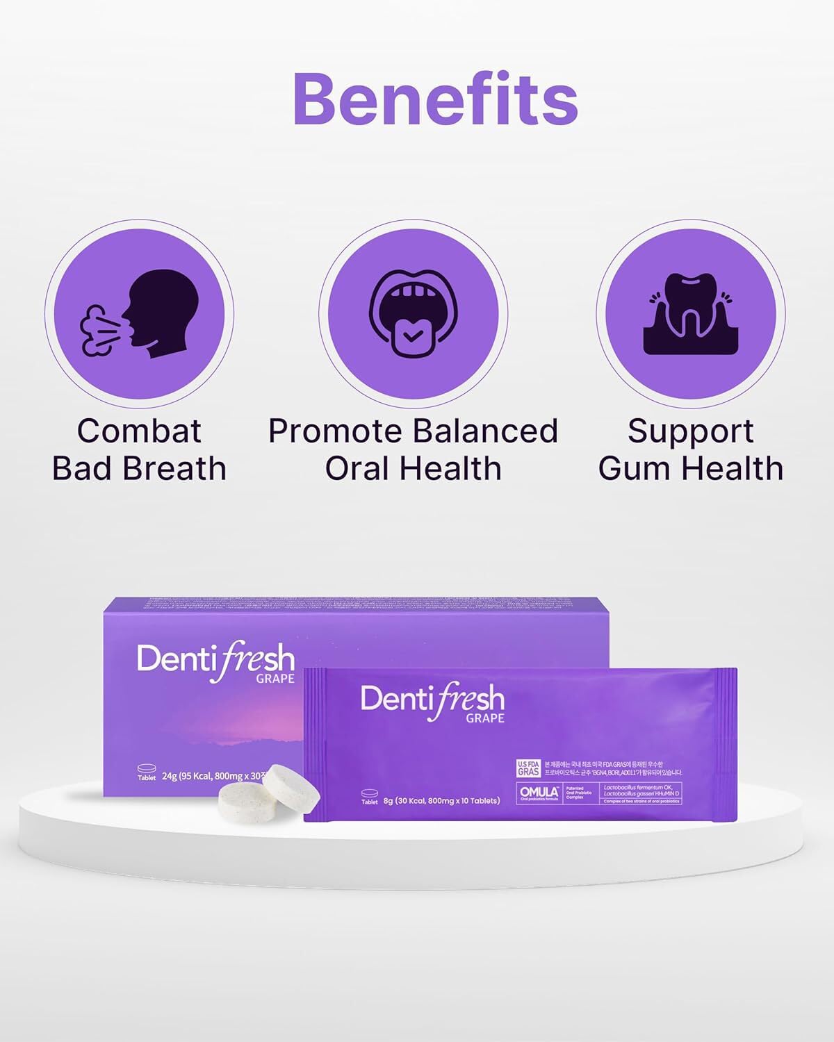K-Nutra Dentifresh Xylitol Tabs Grape (24g, 30 Tablets) Holiday Gifts 4 Billion CFU, Sugar-Free Oral Probiotics for Teeth & Mouth, Bad Breath Gums, Safe for Bedtime, Mild Grape Flavor with OMULA
