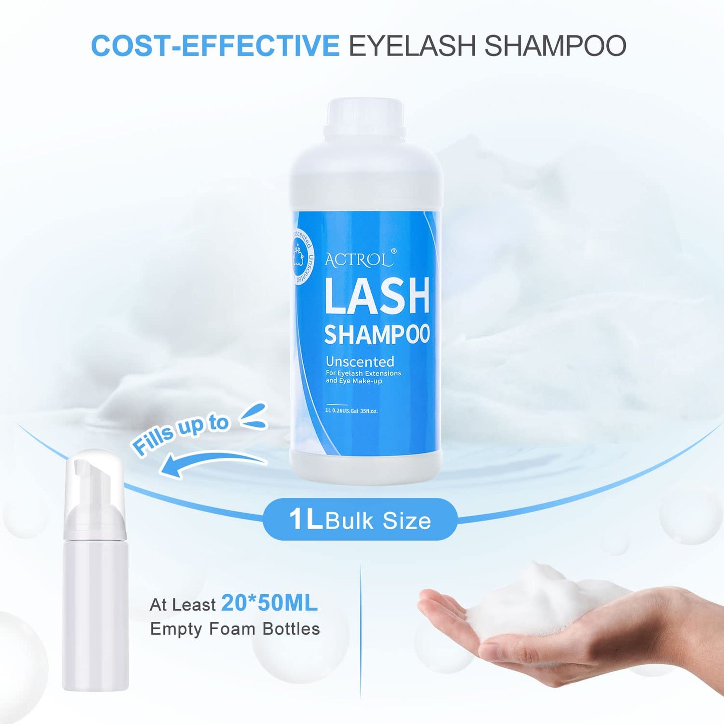 ACTROL Eyelash Extension Cleanser Unscented 1L Natural Lash Extension Shampoo Professional Eyelid Foaming Cleanser Paraben & Sulfate Free Non-lrritating with Salon and Home Care