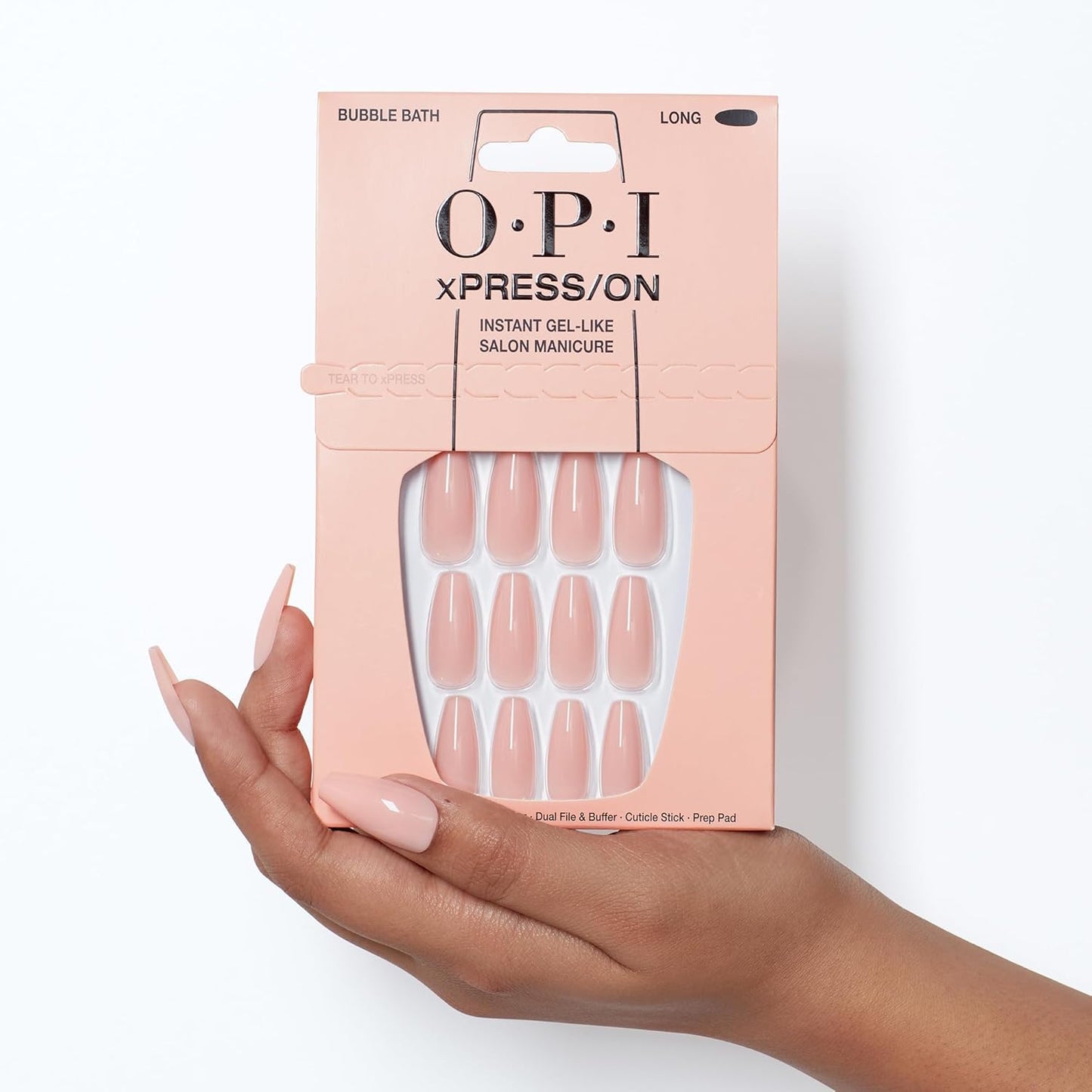 OPI xPRESS/ON Bubble Bath | Nude Pink Long Coffin Press On Nails | With Nail Glue | Long Lasting, Reusable, Non-damaging