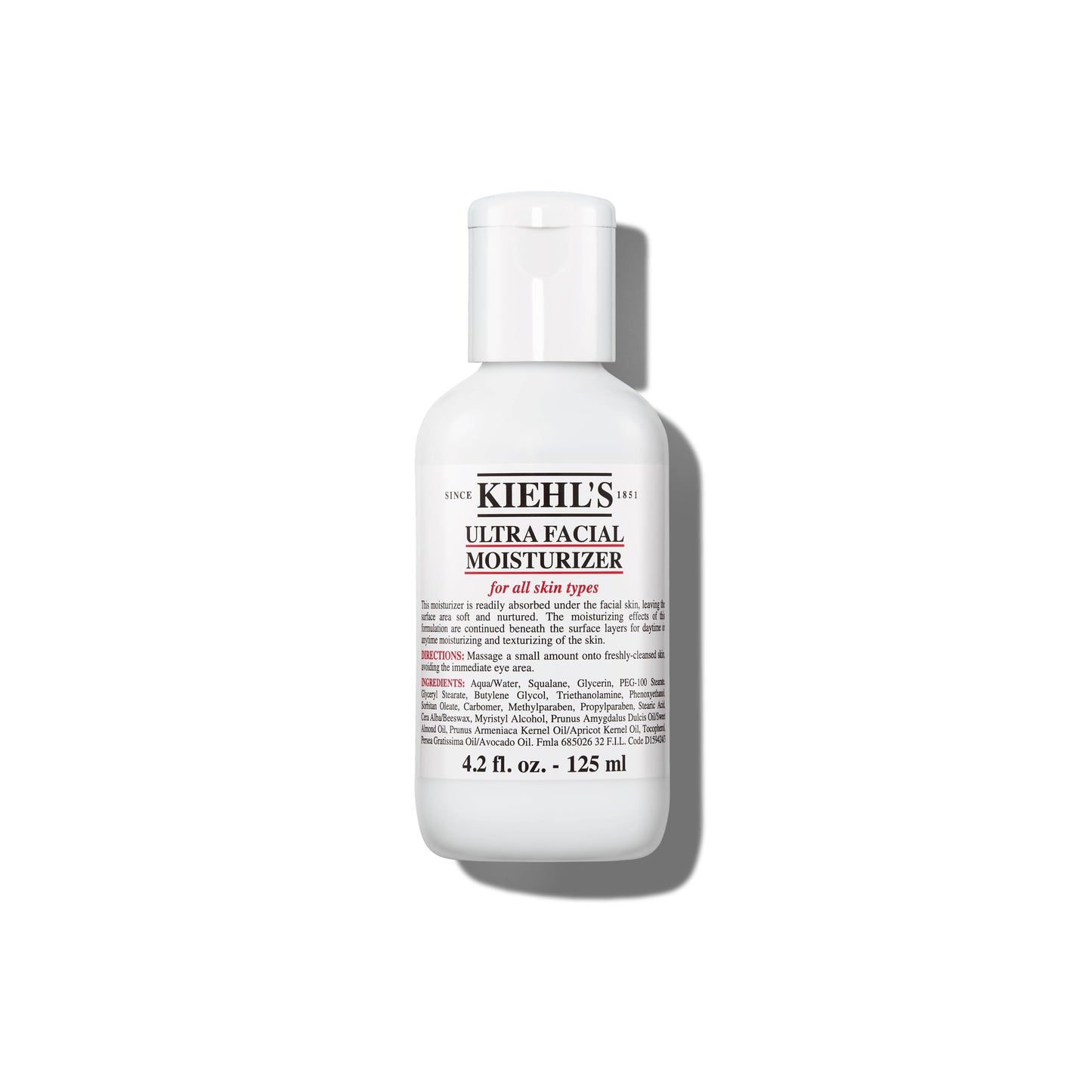 Kiehl's Ultra Facial Moisturizer, for Easy Daily Hydration, Infused with Squalane and Glycerin, Replenishes Moisture Barrier and Softens Skin, Suitable for All Skin Types, Fragrance-Free - 4.2 fl oz