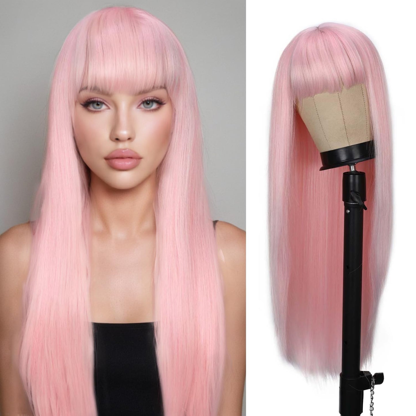FANCEE Pastel Pink Wig with Bangs Long Straight Wig with Blunt Bangs for Women 26 Inch Synthetic Sakura False Hair Pink Wig with Layered Ends for Cosplay Halloween Party Daily Use