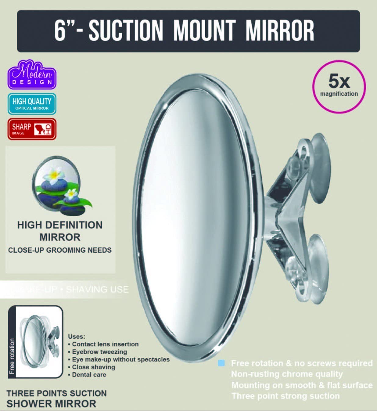 5X Magnifying Vanity Makeup Mirror - 6-Inch Suction Mount with 3-Point Locking Design | Pivoting & Rotating