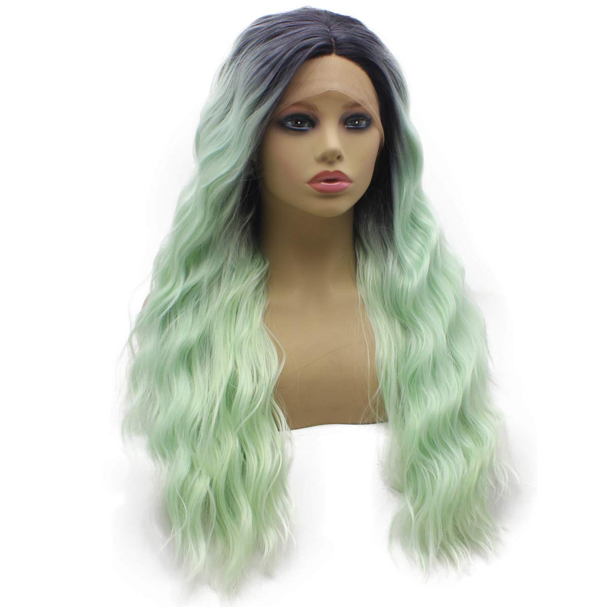 Iwona Long Wavy Ombre Mint Green Half Hand Tied Lace Front Synthetic Wig Heat Resistant