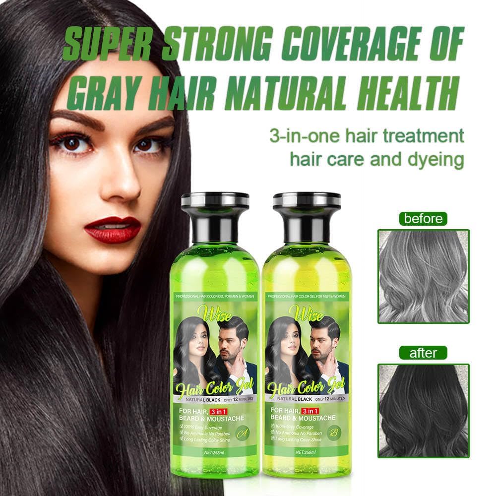 Natural Hair Color Gel - 3 in 1 Semi-Permanent Black Dye for Gray Coverage | Plant-Based with Olive Extract, 500ml x 2
