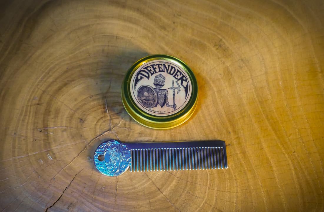Defender Mens Grooming Set for Mustaches | Defender Mustache Balm 1oz and Platinum Comb Set