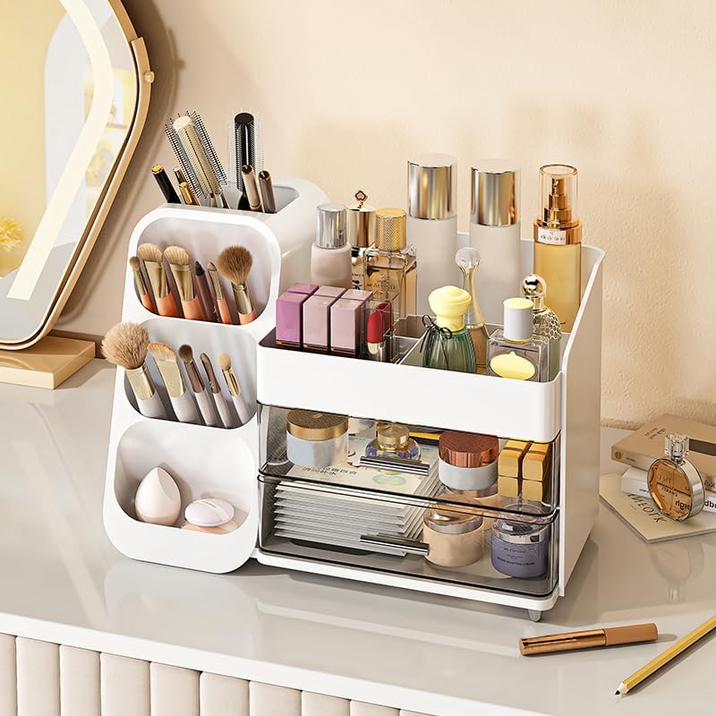 Makeup Organizer - Large Capacity Cosmetics Display Case with Drawers | White Beauty Storage Box