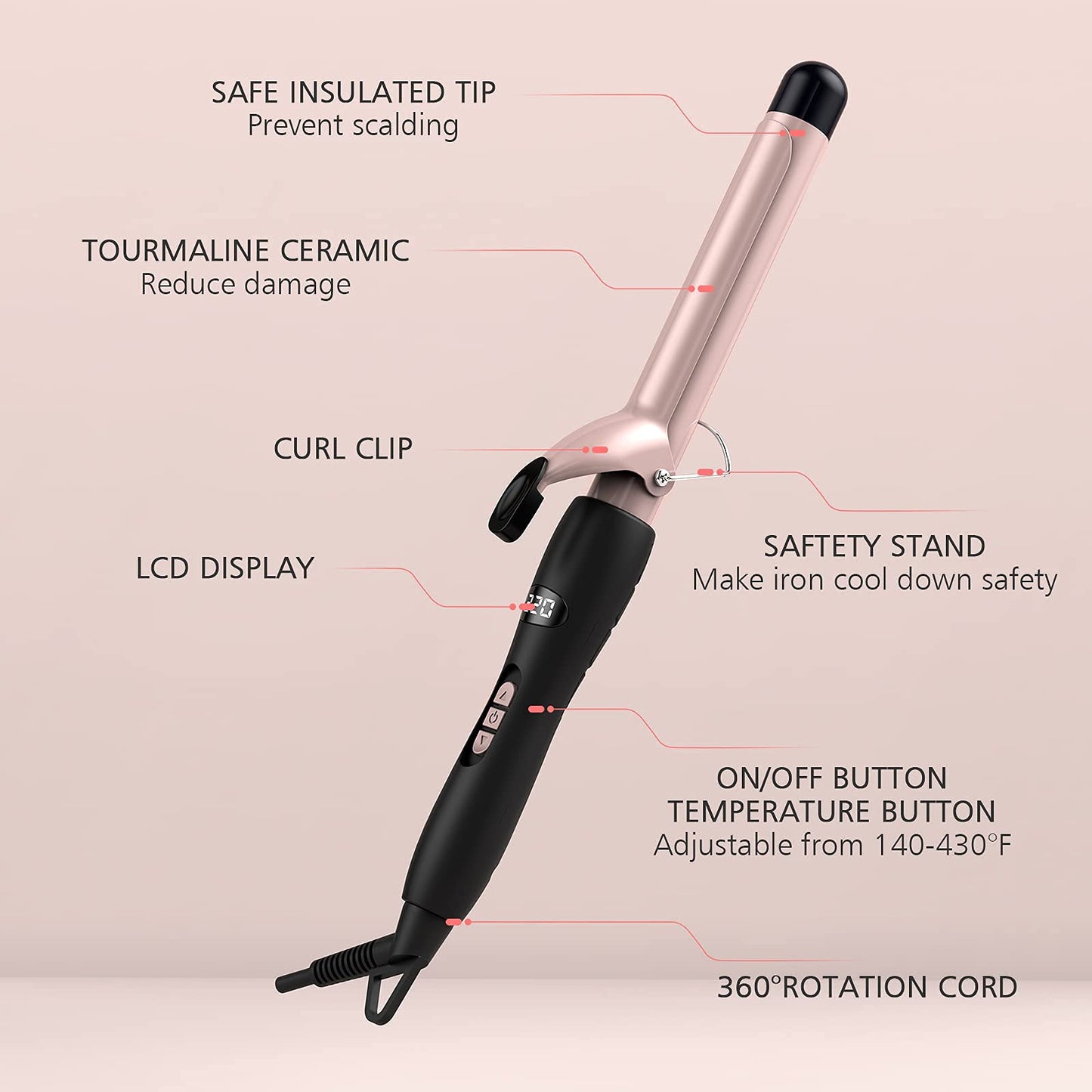 PRETFY 1 Inch Curling Iron with Ceramic Coating Barrel for Long/Medium Hair, 140-428℉ Adjustable Temperature, 30s Instant Heat, 110-240V Dual Voltage, Hair Waving Style Tool for Girls & Women