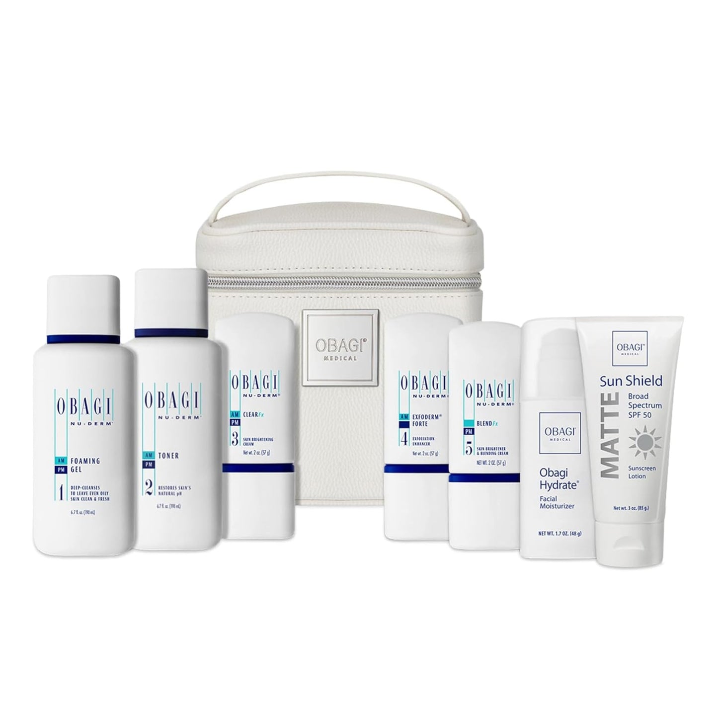 Obagi Medical Nu-Derm Fx System Normal to Oily Bundle - Includes: Foaming Gel, Toner, Clear, Exfoderm Forte, Blend. Hydrate and Sun Shield.