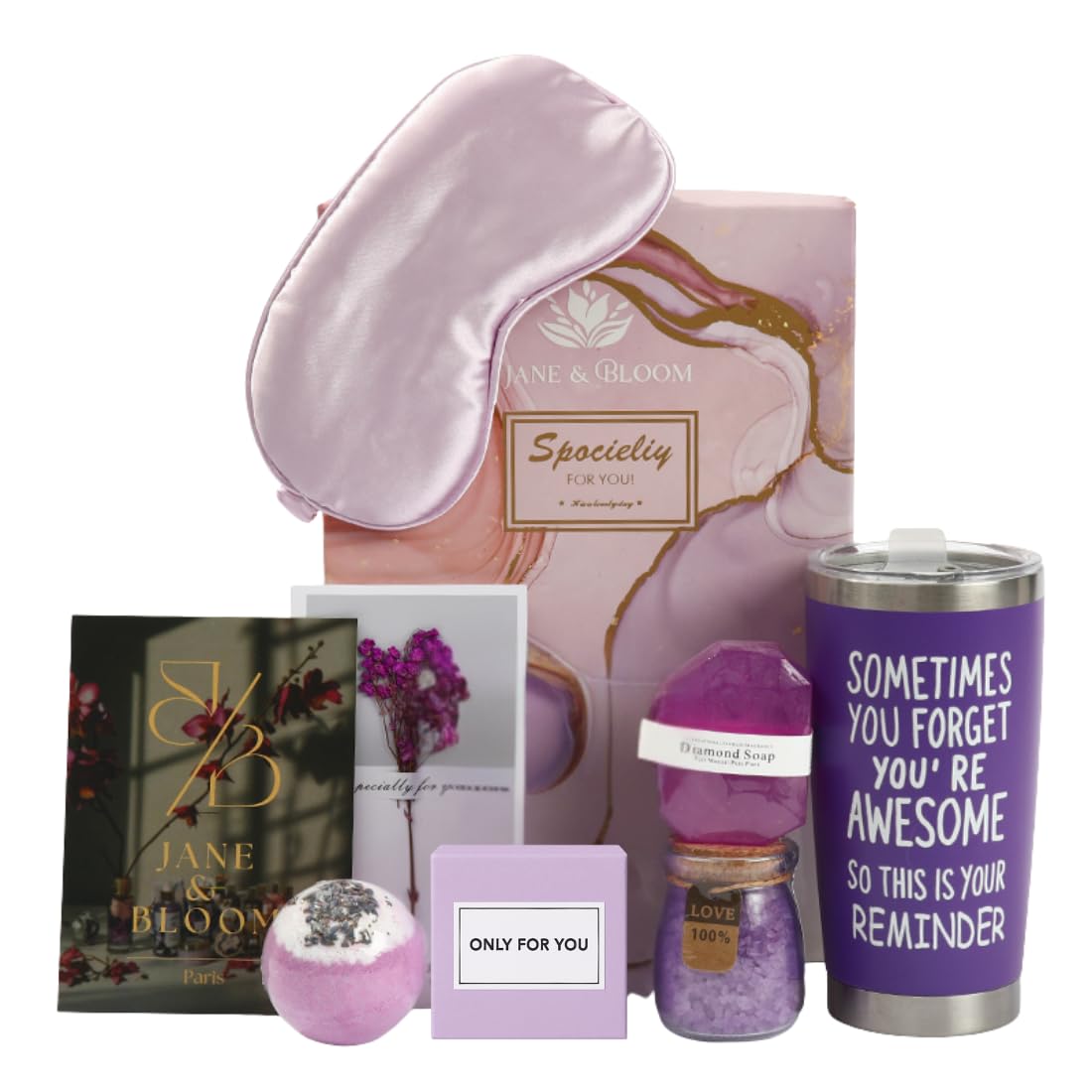 Spa Gift Set for Women, 6-Piece Marble Collection with Bath Bomb, Bath Salt, Sleeping Mask, Diamond Soap, Thermal Mug and Gift Card