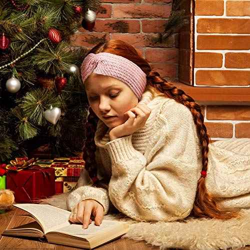 Whaline 5 Pieces Winter Knit Headbands Chunky Knit Headbands,4 Elastic Turban Head Wraps and 1 Pearl Crochet Hair Band, Ear Warmer Crochet Head Wraps for Women Girls (Pink Colors)