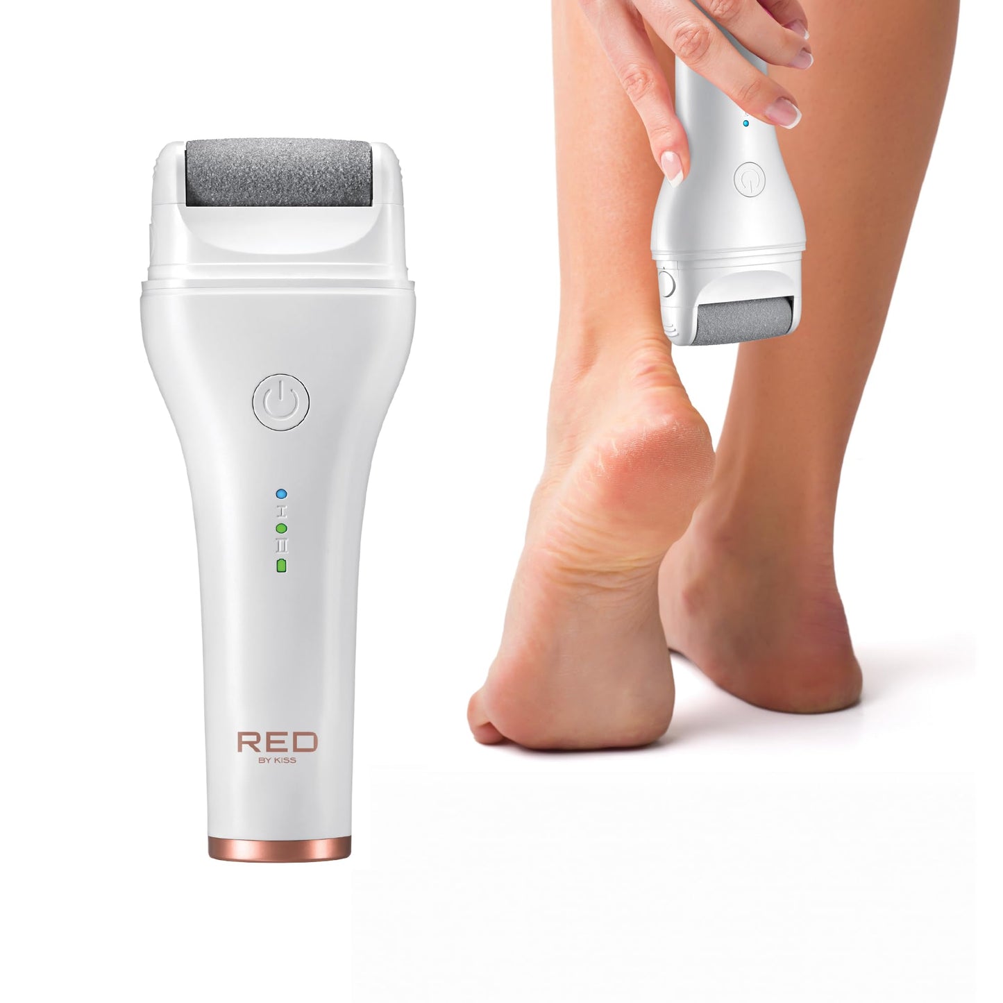 Red by Kiss Cordless Electric Foot File Callus Remover, 3 Roller Heads & 2 Speed Setting, Long and Curved Roller Head Stone, Wet & Dry Dual Purpose, Up to 2 hr Runtime, Easy & Portable