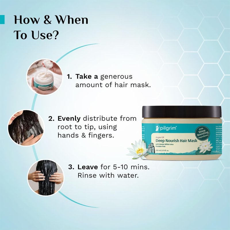 Pilgrim Korean Argan Oil Hair Mask with White Lotus & Camellia | Deep Conditioning & Hydrating for Dry Damaged Hair | Strengthen, Repair & Fights Hair Fall | 6.76 Fl Oz (200ml)