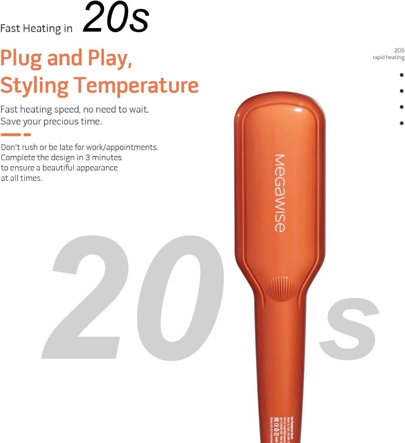 Hair Straightener Brush - Ceramic Ionic Heated Brush for Frizzy & Thick Hair | 20s Heat-Up, Anti-Scald, 360° Swivel Cord, Vibrant Orange
