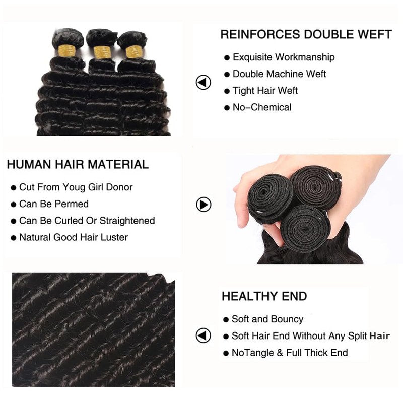 Loose Deep Wave Human Hair Bundles Natural Black Color Deep Wave Bundles Human Hair 12 14 16 Inch Double Weft Brazilian Virgin Remy Hair Extensions Loose Wave Bundle 300G