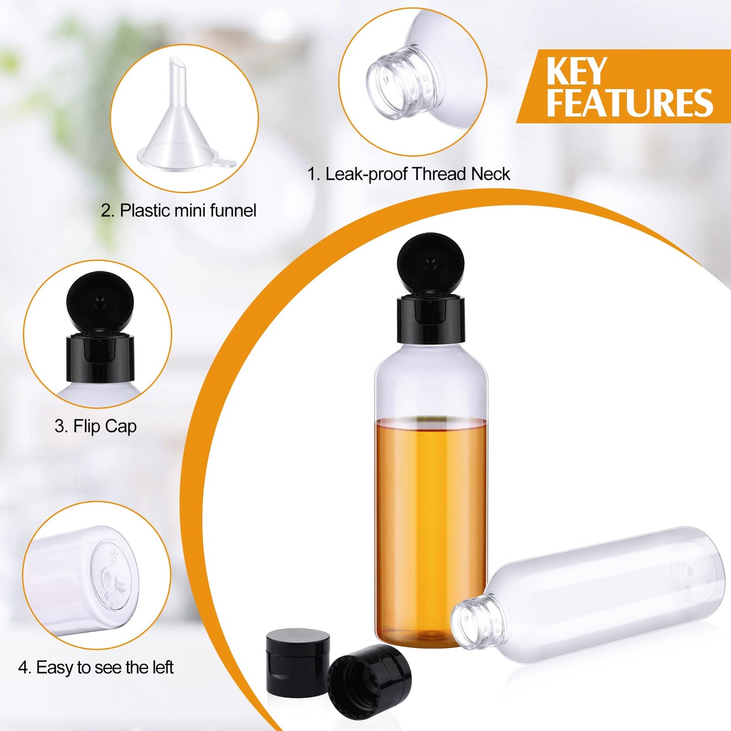 Nuenen 50 Pcs 3.4 oz Travel Size Bottles with Flip Cap Plastic 100ml Travel Bottle TSA Approved for Toiletries with 2 Funnels Small Leakproof Empty Refillable Squeeze Shampoo Containers(Clear, Black)