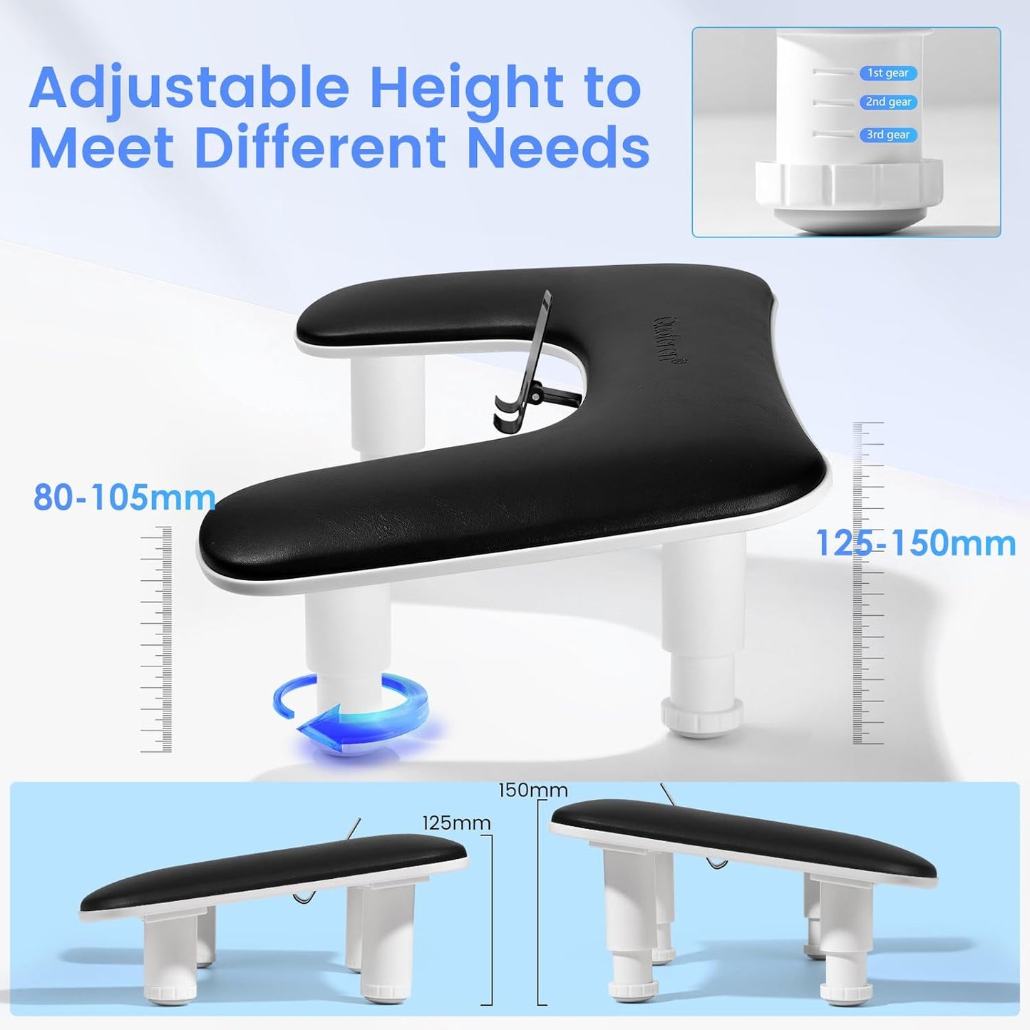 Manicure Nail Arm Rest - 3rd Gen Adjustable U-Shaped Hand Pillow with Rotating Phone Stand | Black