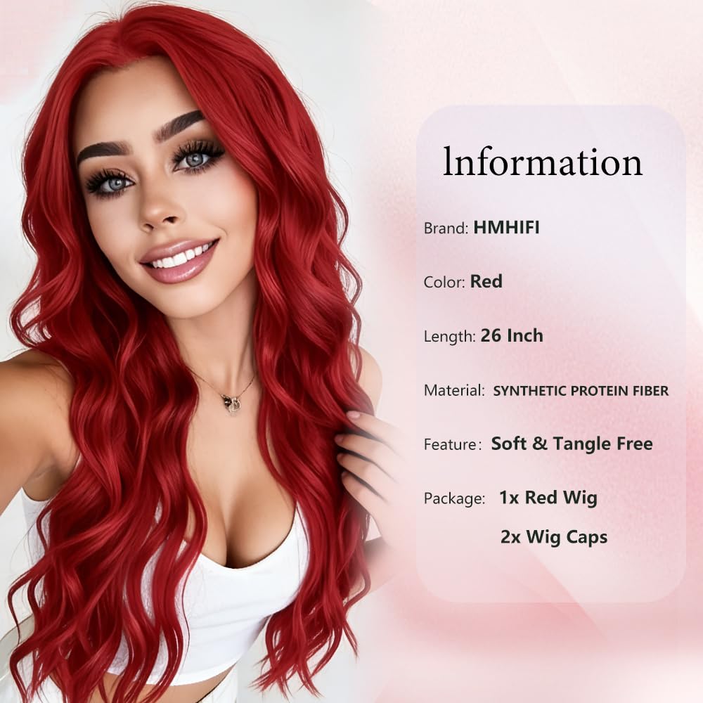 HMHIFI Long Red Wig for Women 26Inch Wavy Curly Wigs Synthetic Heat Resistant Hair Replacement Wig for Daily Party Halloween Costume