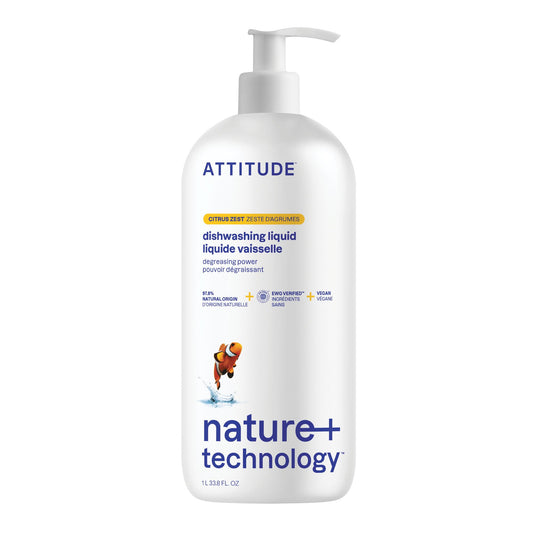 ATTITUDE Dish Soap, EWG Verified, Plant-Based & Vegan Dishwashing Liquid, Naturally Derived, Citrus Zest Scent, 33.8 Fl Oz