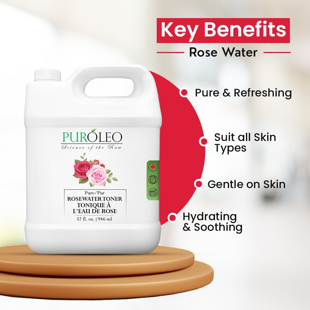 PUROLEO Rose Water 32 Fl Oz | Pure & Natural Skin Care Toner - Hydrating Makeup Setting Spray & Facial Mist