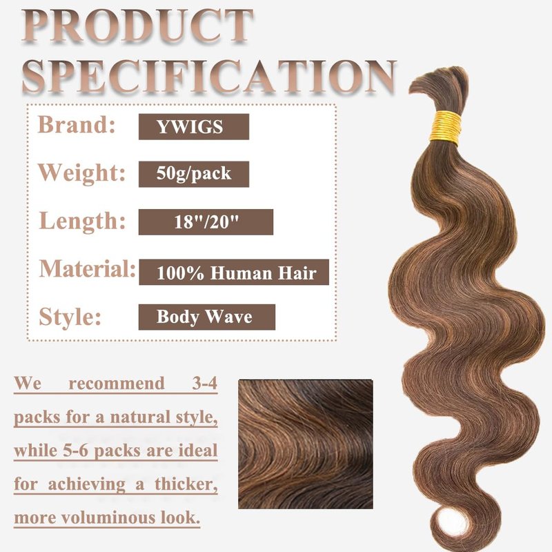 YWIGS Body Wave Bulk Human Hair for Braiding Human Braiding Hair for Boho Braids 50G No Weft Virgin Human Hair #4/30 18inch