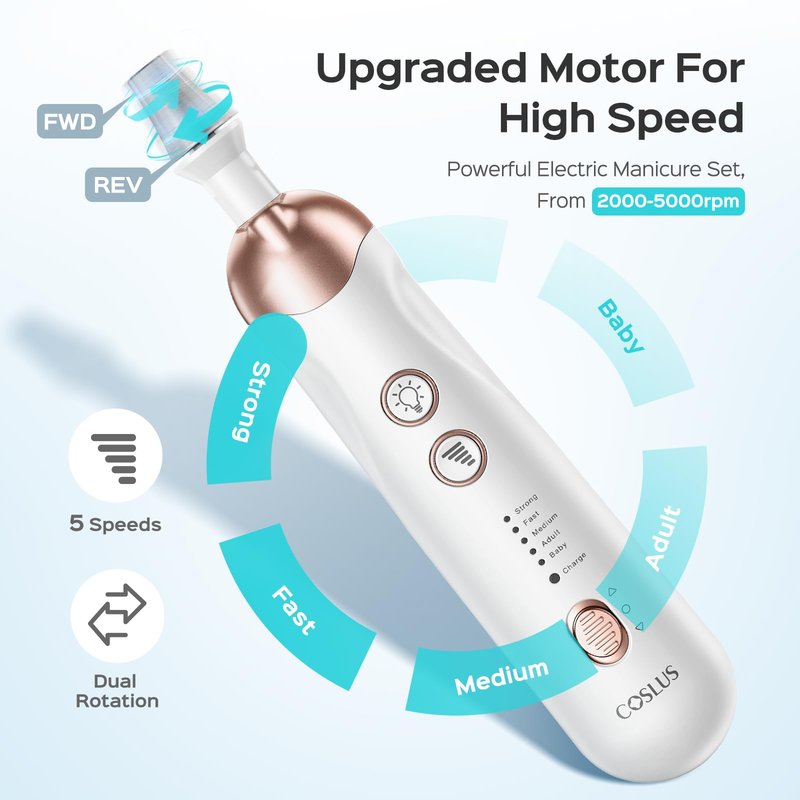 COSLUS C30 Professional Manicure Pedicure Kit: 5 in 1 Electric Nail File Set Toenail Grinder, 5 Speed Cordless Nail Drill for Thick Nail Toenail Cuticle, Hand Feet Trimmer Buffer for Women Men Baby