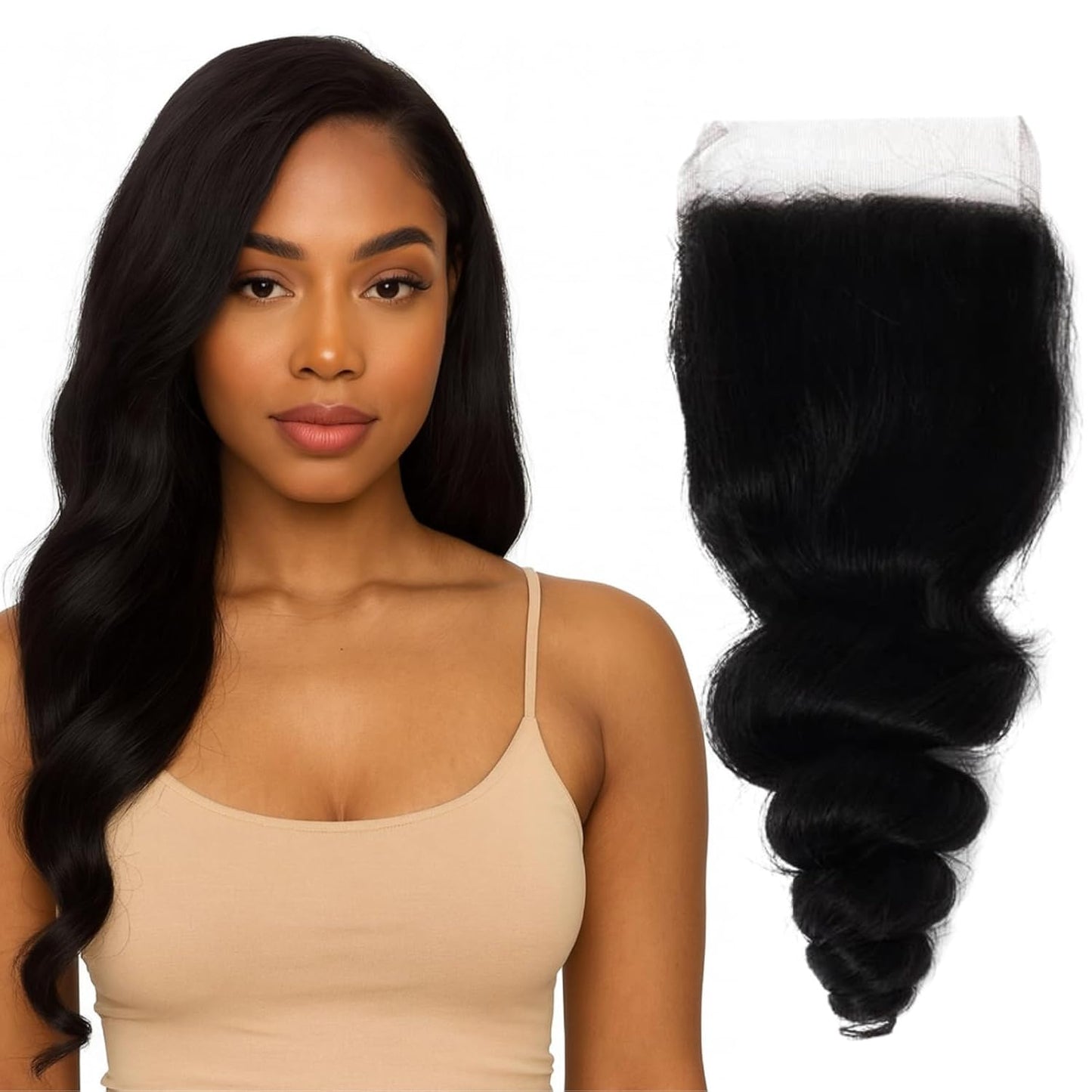 4x4 Lace Closure Hair Extensions - 14 Inch Brazilian Real Human Hair | Natural Black Loose Wave