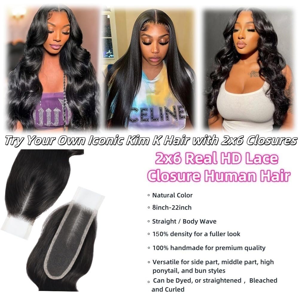 Anvnkl 2x6 HD Lace Closure Body Wave Human Hair Real HD Transparent 18 Inch 100% Brazilian Virgin Middle Part Pre Plucked with Baby Hair Natural Color Kim K 2x6 Closure
