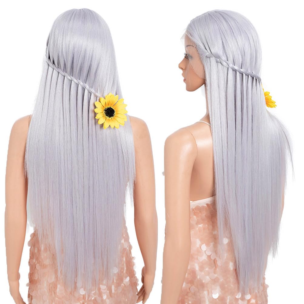 Style Icon 32-Inch Long Straight Wig Mid-Part Lace Front Silky Smooth Synthetic Silver White Purple Color Wig