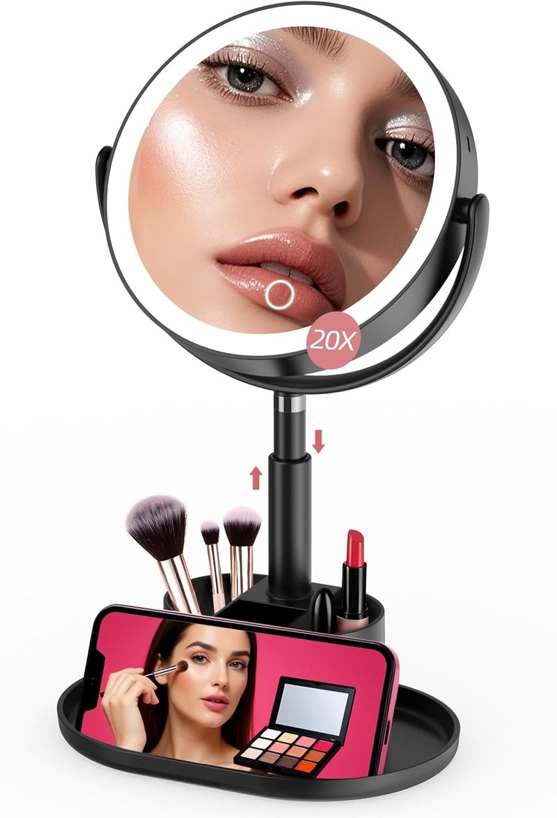 Shinowa Makeup Mirror - 1X/20X Lighted Magnifying Vanity Mirror with Storage & 3 Color Lights | Adjustable Height, 360° Rotation, Rechargeable, Black