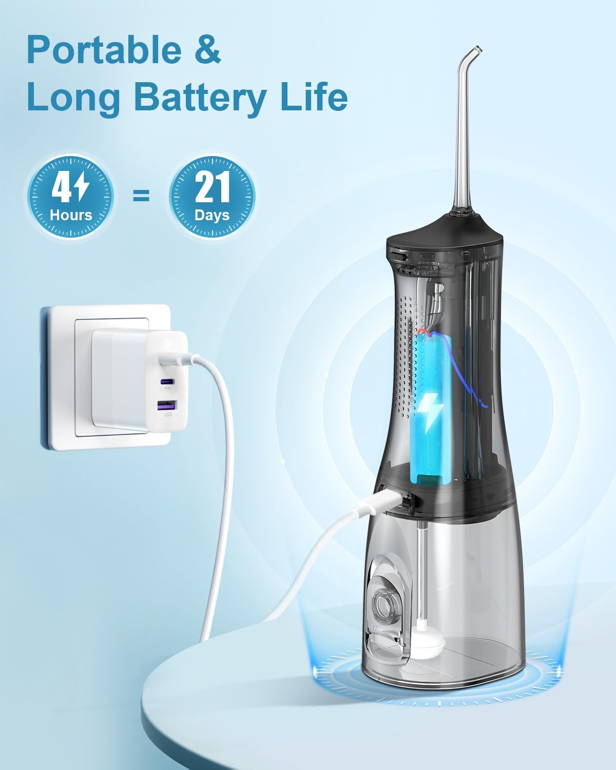 OPERAN Water Flossers for Teeth, Cordless Portable Water Flossers for Adults Braces, IPX7 Waterproof with 4 Modes, 4 Professional Nozzles, 300ml Tank & 21 Days Runtime for Travel, Black, 1Pack