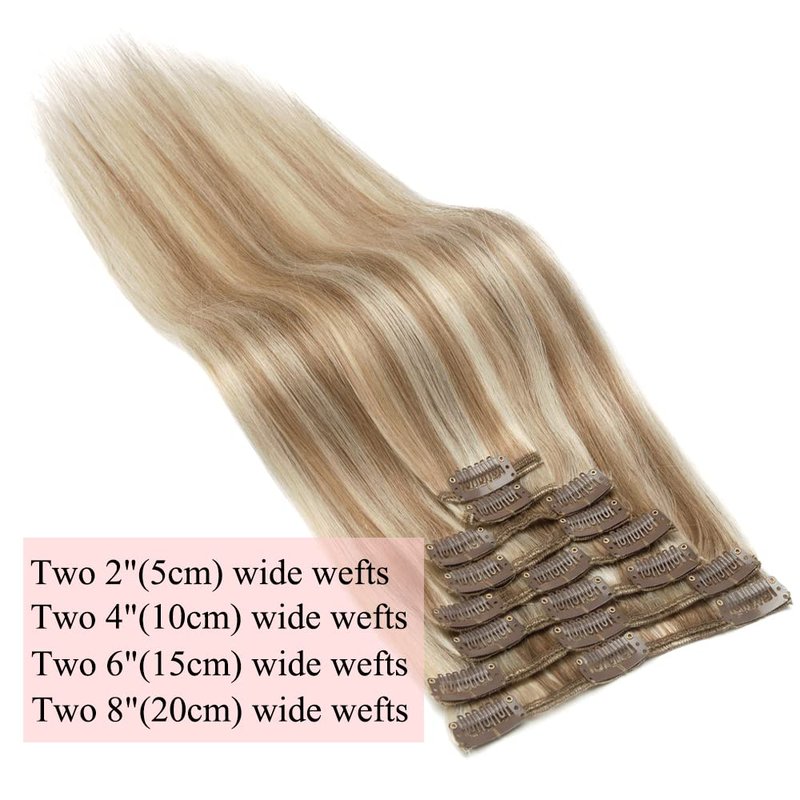 Clip-In Hair Extensions - Real Human Hair Balayage Golden Brown & Bleach Blonde | 12 Inch, 55g, 8pcs Weft for Full Head