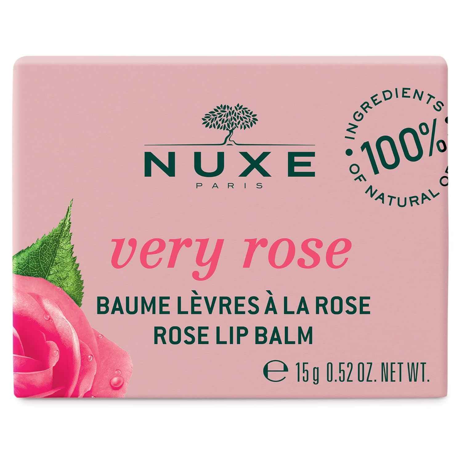 NUXE Very Rose Organic Lip Balm, 100% Natural Moisturizing Treatment for Dry Lips With Shea Butter & Beeswax, 0.52 Oz