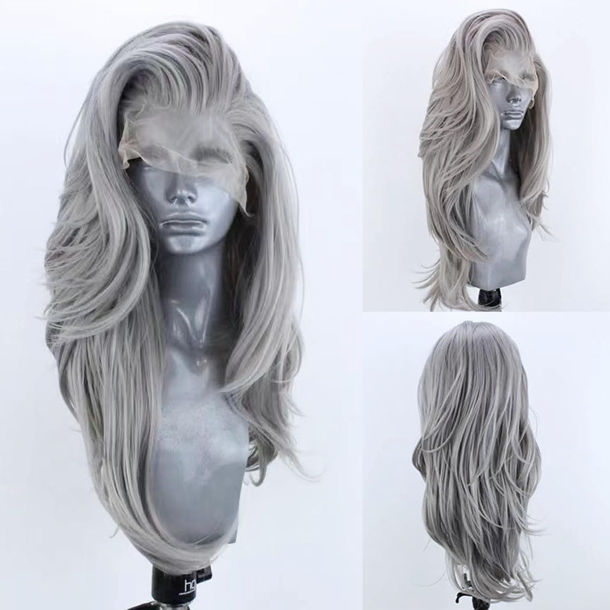 COCOFANS Silver Wigs for Women Free Part Long Natural Wave Lace Font Wigs Slightly Wave Wig Heat Resistant Synthetic Lace Wig Light Grey Daily Wear Wigs
