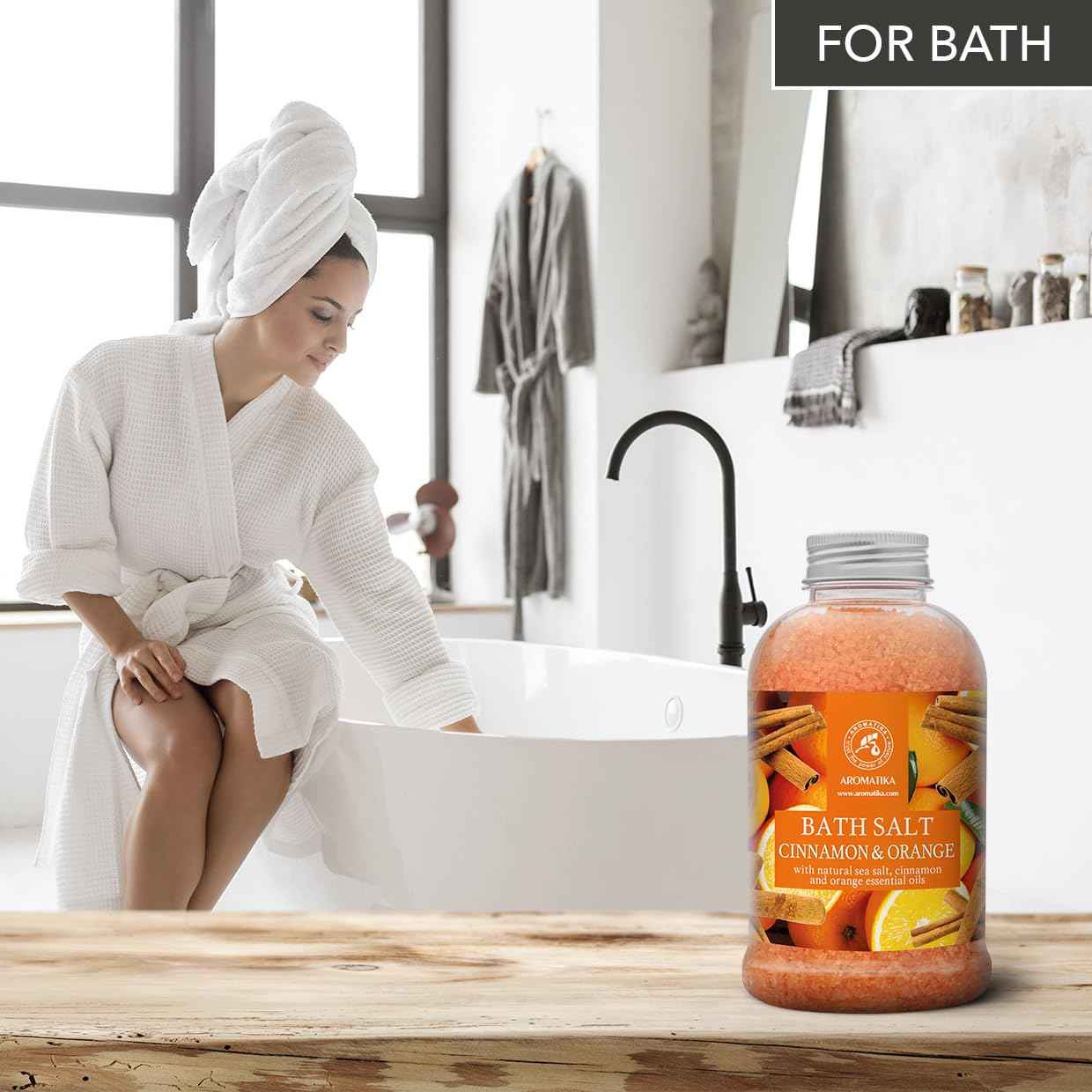 AROMATIKA Cinnamon-Orange Bath Salt 21.16 Oz - Relaxing, Moisturizing, Orange-Cinnamon Scent - Natural, Non Toxic - Bath Minerals and Salts