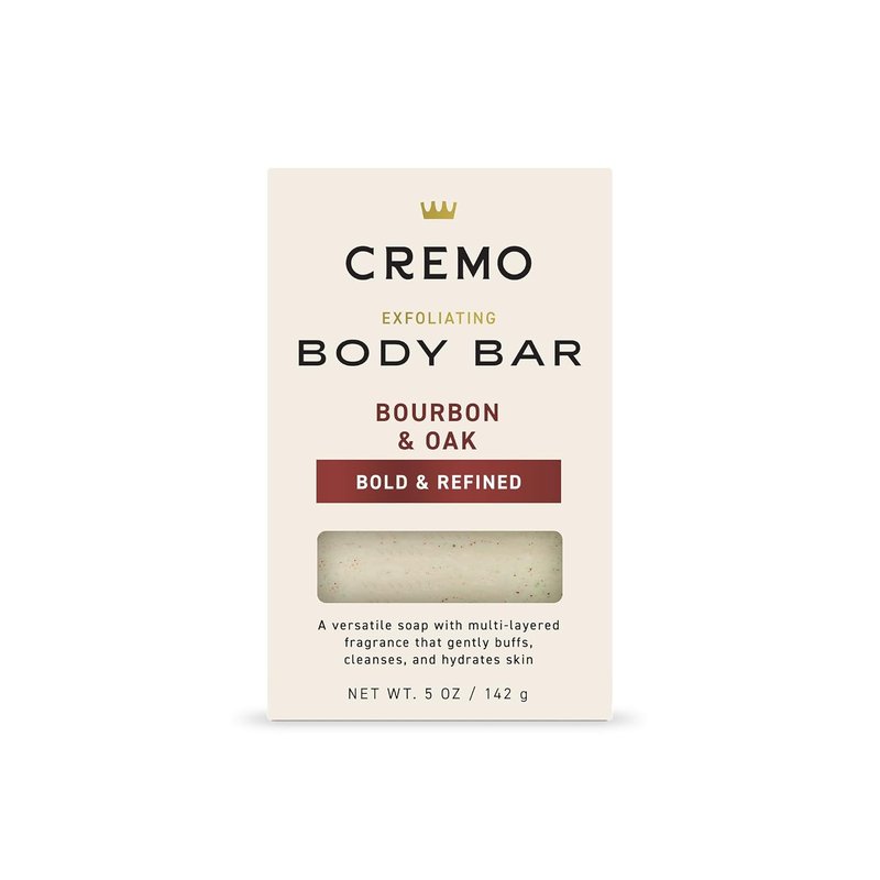 Cremo Exfoliating Body Bar for Men - Bourbon & Oak Scent | Hydrating 5oz Bar for Buffing & Cleansing Skin