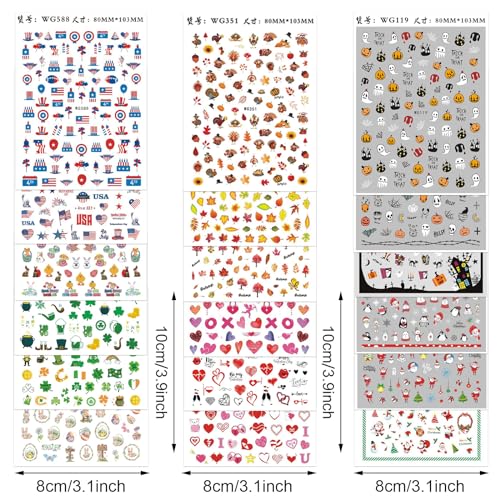 Whaline 18 Sheets Fall Nail Art Stickers All Holiday Nail Decals All Season Halloween Christmas Winter Valentine 4th of July Self-Adhesive Nail Decals for Xmas DIY Manicure Party Decor