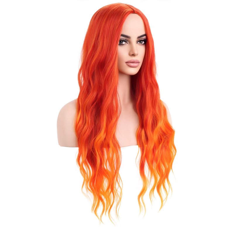 MAGQOO Orange Ombre Flame Fire Wig Long Curly Wavy Ombre Orange Wigs for Women Girls Middle Part Heat Resistant Hight Density Synthetic Wigs
