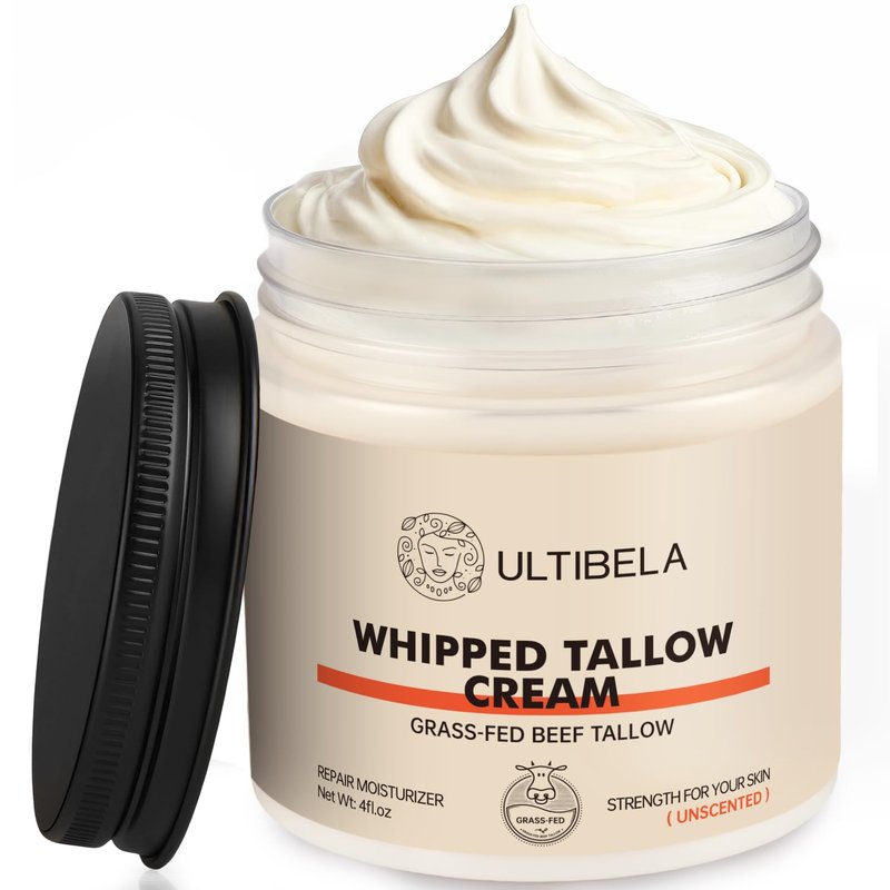 ULTIBELA Beef Tallow for Skin, 100% Grass-Fed Whipped Tallow and Honey Balm for Body ＆ Face Natural Body Cream for Dry & Sensitive Skin Care 4OZ (Unscented)