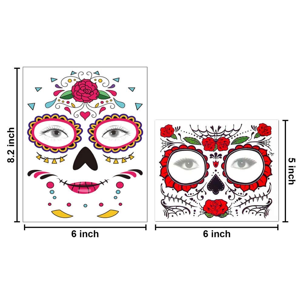 Temporary Face Tattoo, 8 Kits Tattoos Sugar Skull Stickers Day of The Dead Makeup, Face Tattoo Rose Design for Halloween, Masquerade and Parties
