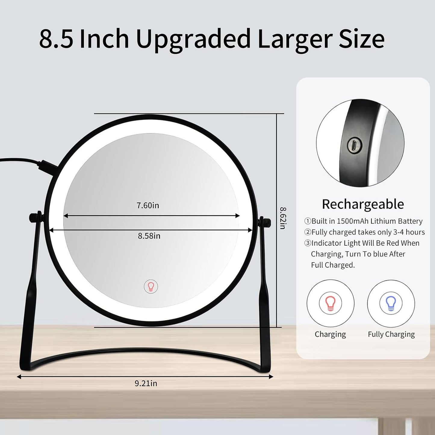 DOWRY 8.5'' Lighted Makeup Vanity Mirror - Rechargeable 1x/10x Magnification, Adjustable 3-Color Brightness, 360° Rotation