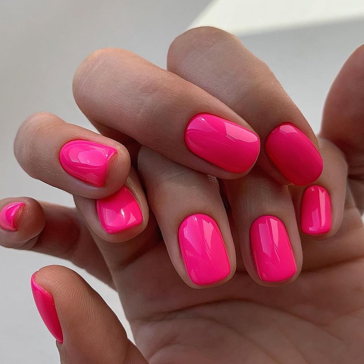 GLAMERMAID Hot Pink Short Press on Nails, Bright Extra Short Squoval Glue on Nails for Women, Spring Summer Square Jelly Soft Gel Fake Nails, Round Reusable Acrylic False Nails Manicure Kit for Women