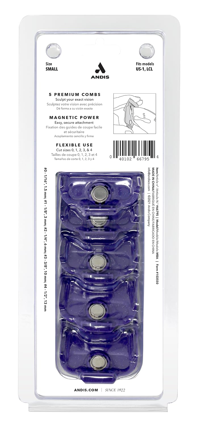 Andis 66795 Nano-Silver Magnetic Attachment 5 Combs with Long-Lasting Performance - Sizes 1/16", 1/8", 1/4", 3/8", 1/2", Provide Professional Haircuts and Styles – Purple