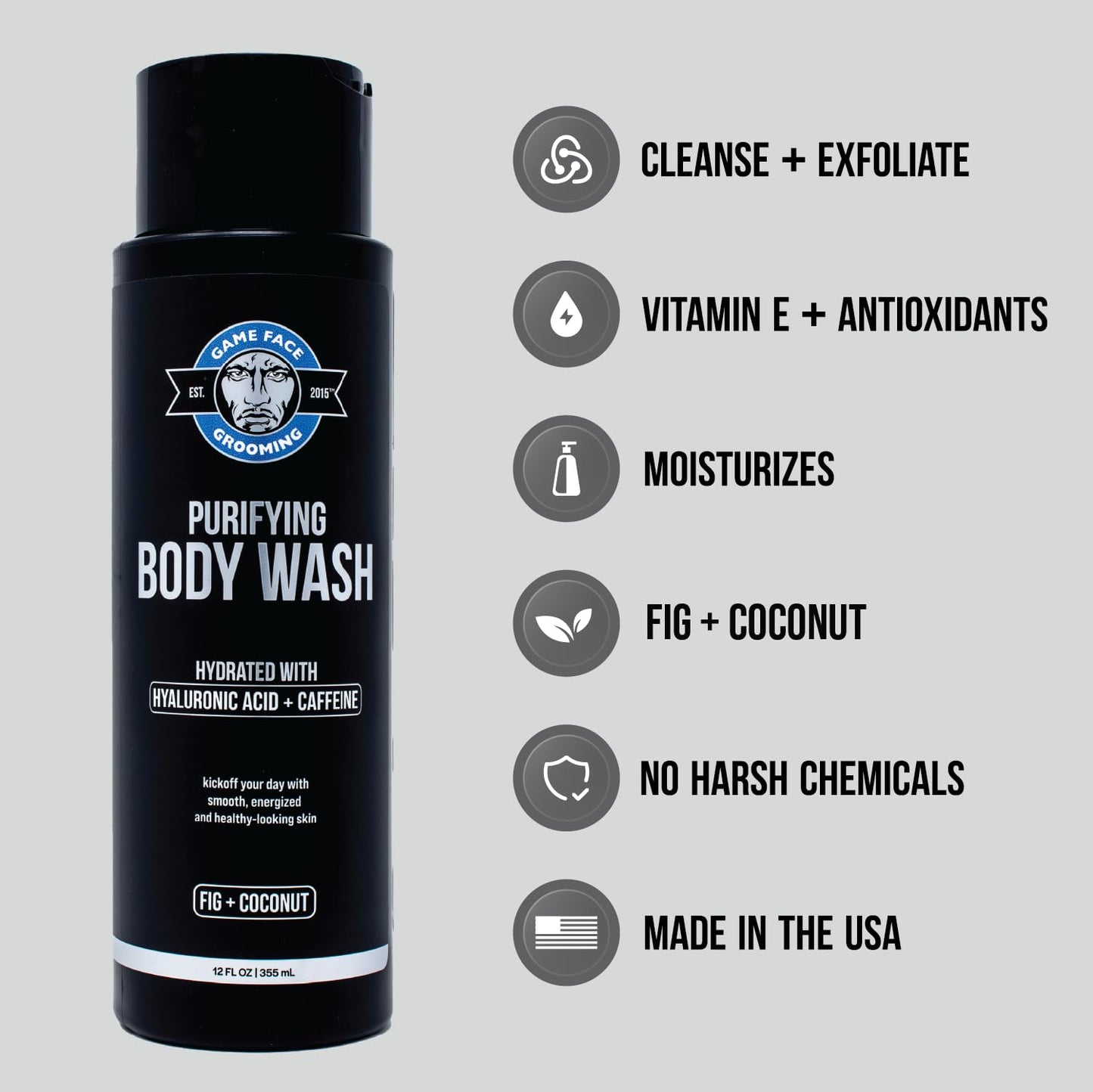 Game Face Grooming Body Wash – Men’s 12 Fl Oz Shower Gel | Cleanses, Exfoliates, And Hydrates Your Skin And Face| Plant Based And Sulfate Free | Fig & Coconut Scent