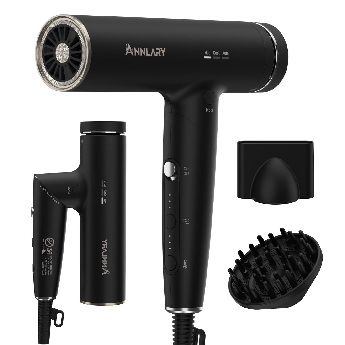 ANNLARY Plasma Ion Hair Dryer with Diffuser for Curly Hair, 110000 RPM Professional High Speed Blow Dryer with Plasma Ion, 1500W Foldable Travel Hairdryer with 6.5 Ft Cord Fast Drying for Women Men