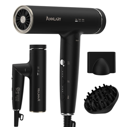 ANNLARY Plasma Ion Hair Dryer with Diffuser for Curly Hair, 110000 RPM Professional High Speed Blow Dryer with Plasma Ion, 1500W Foldable Travel Hairdryer with 6.5 Ft Cord Fast Drying for Women Men